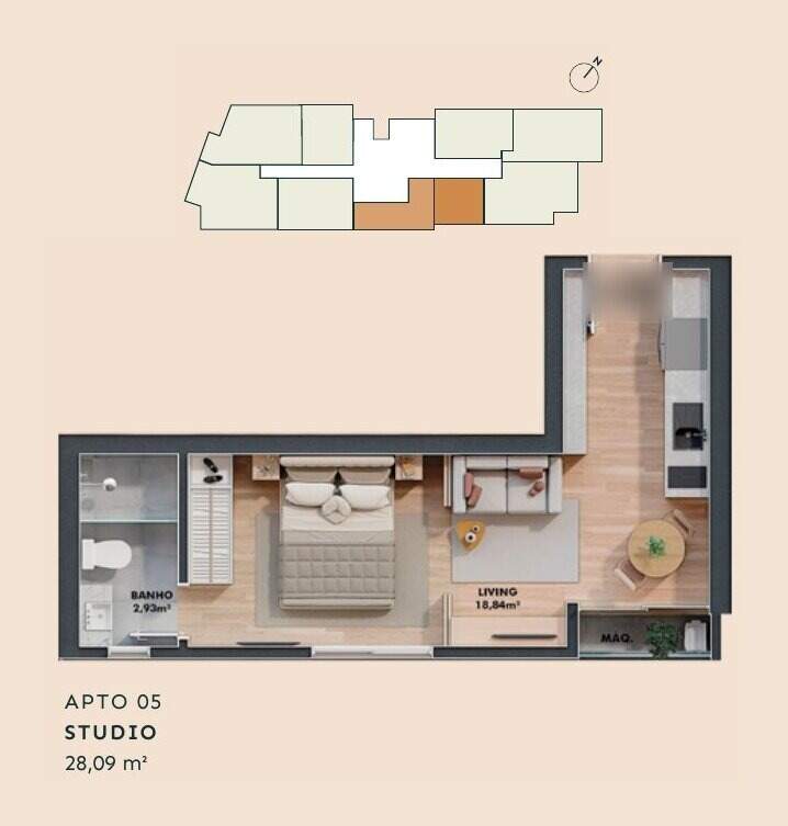Apartamento à venda no Centro: Planta do studio de 28,09 m², com a posição dele no pavimento tipo