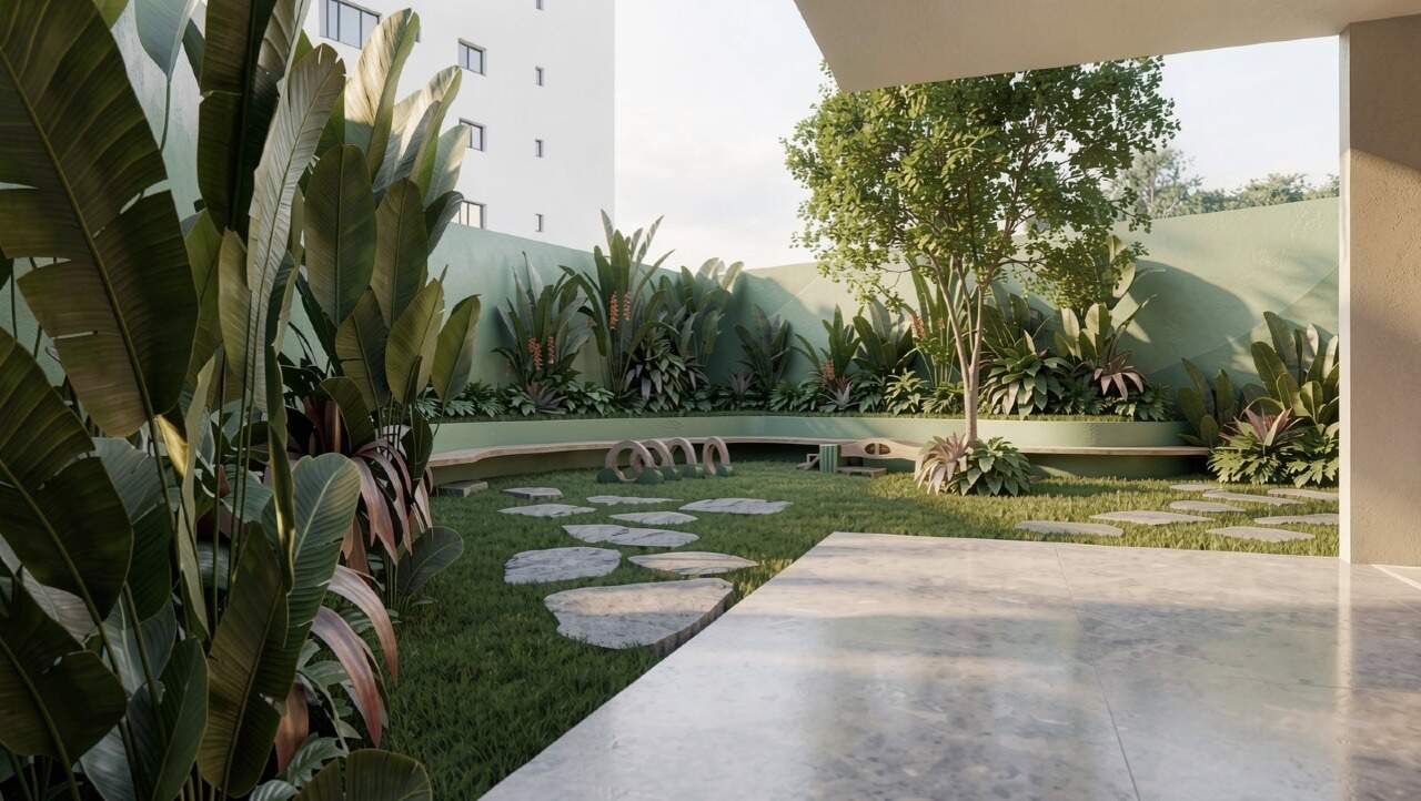 Apartamento à venda no Centro: Pet place ao ar livre, com gramado e caminho de pedras (imagem ilustrativa)