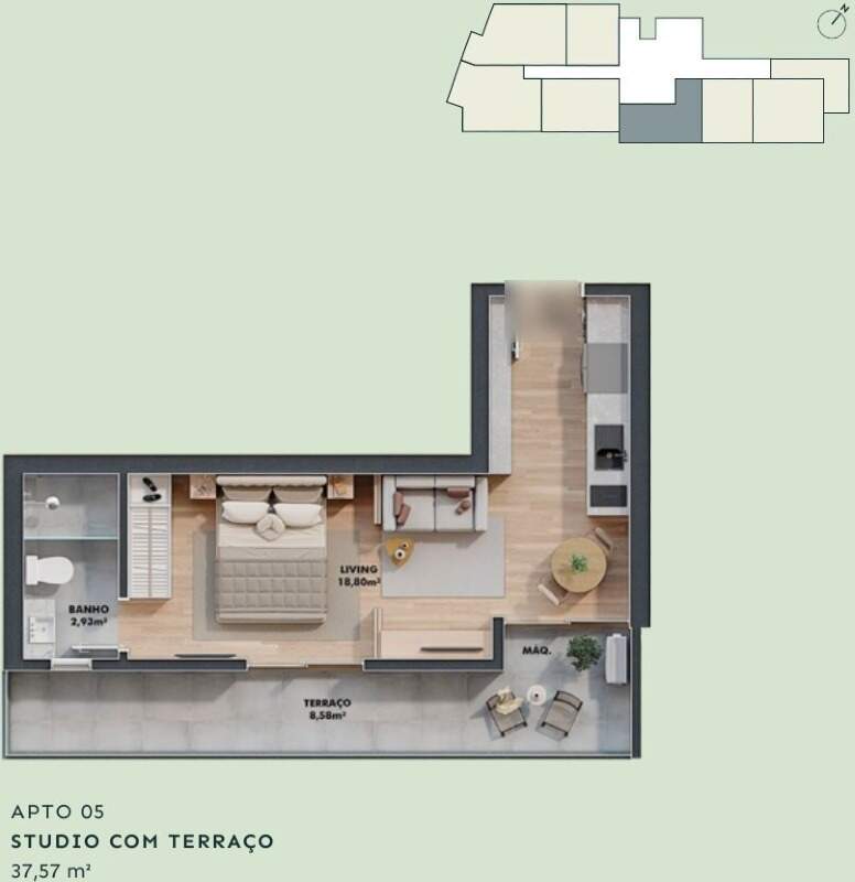 Apartamento diferenciado à venda no Centro: Planta do studio com terraço de 37,57 m², com a posição dele no pavimento