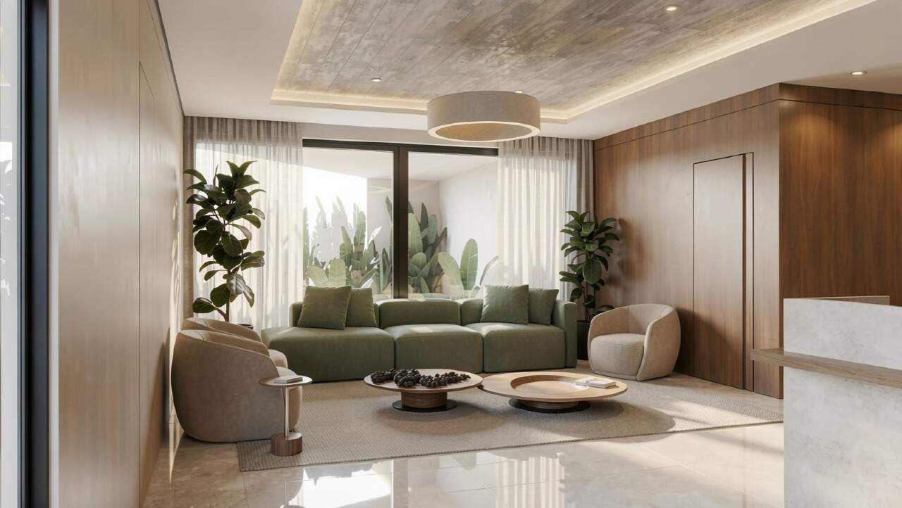 Apartamento diferenciado à venda no Centro: Hall lounge de entrada, com sofás e mesas de centro (imagem ilustrativa)