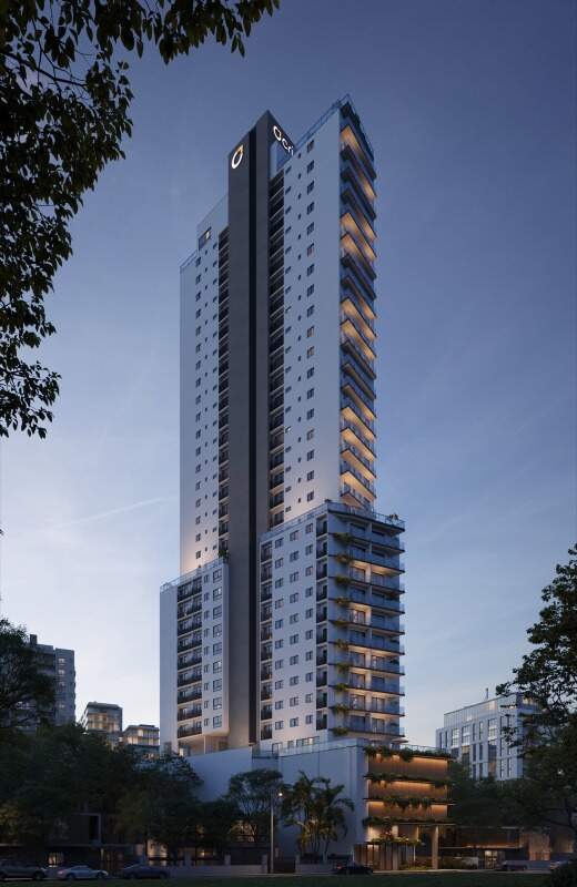 Apartamento diferenciado à venda no Centro: Fachada do Bothanic ao entardecer, com a torre iluminada (imagem ilustrativa)