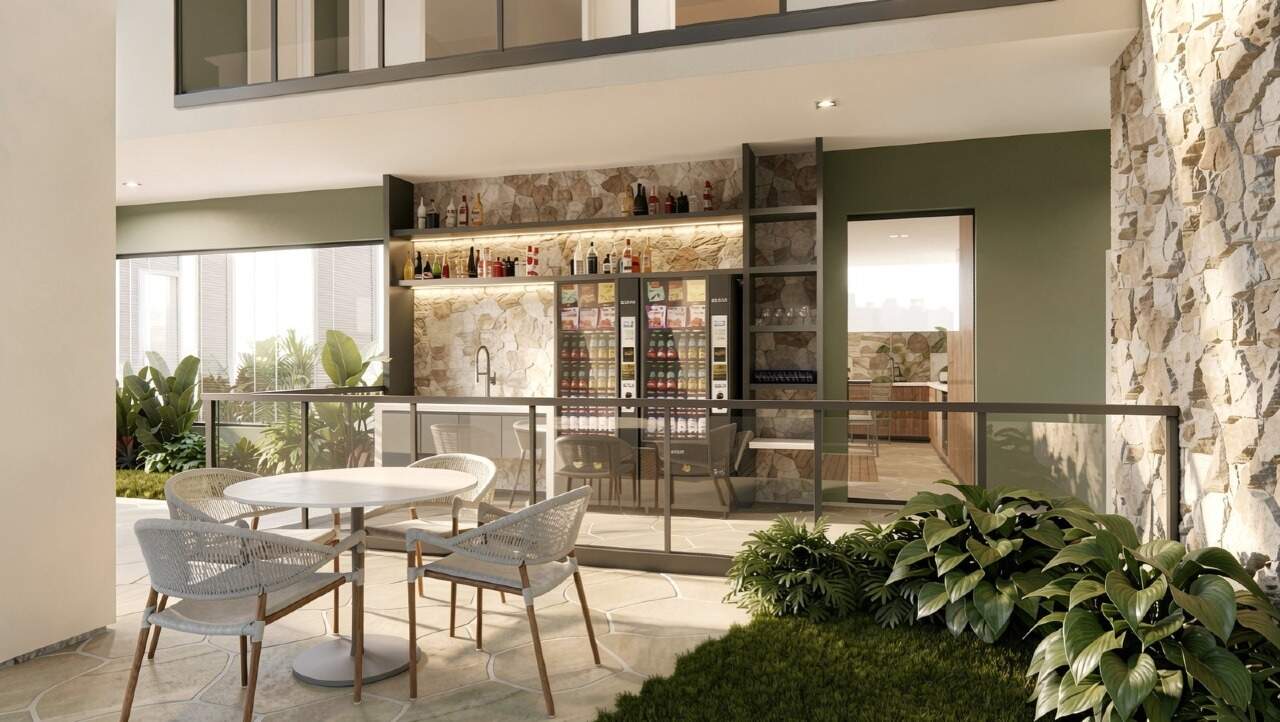 Apartamento diferenciado à venda no Centro: Deck bar com mesas e produtos para os moradores (imagem ilustrativa)