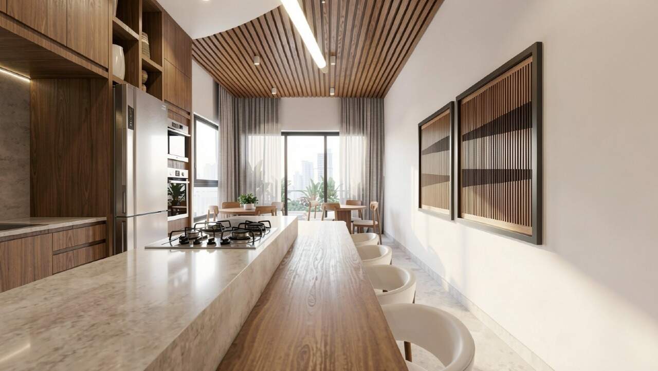Apartamento diferenciado à venda no Centro: Espaço gourmet do rooftop com bancada de madeira (imagem ilustrativa)