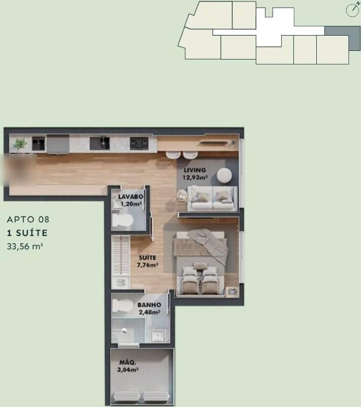 Apartamento diferenciado à venda no Centro: Planta do apartamento diferenciado de 1 suíte, de 33,56 m², com a posição no pavimento