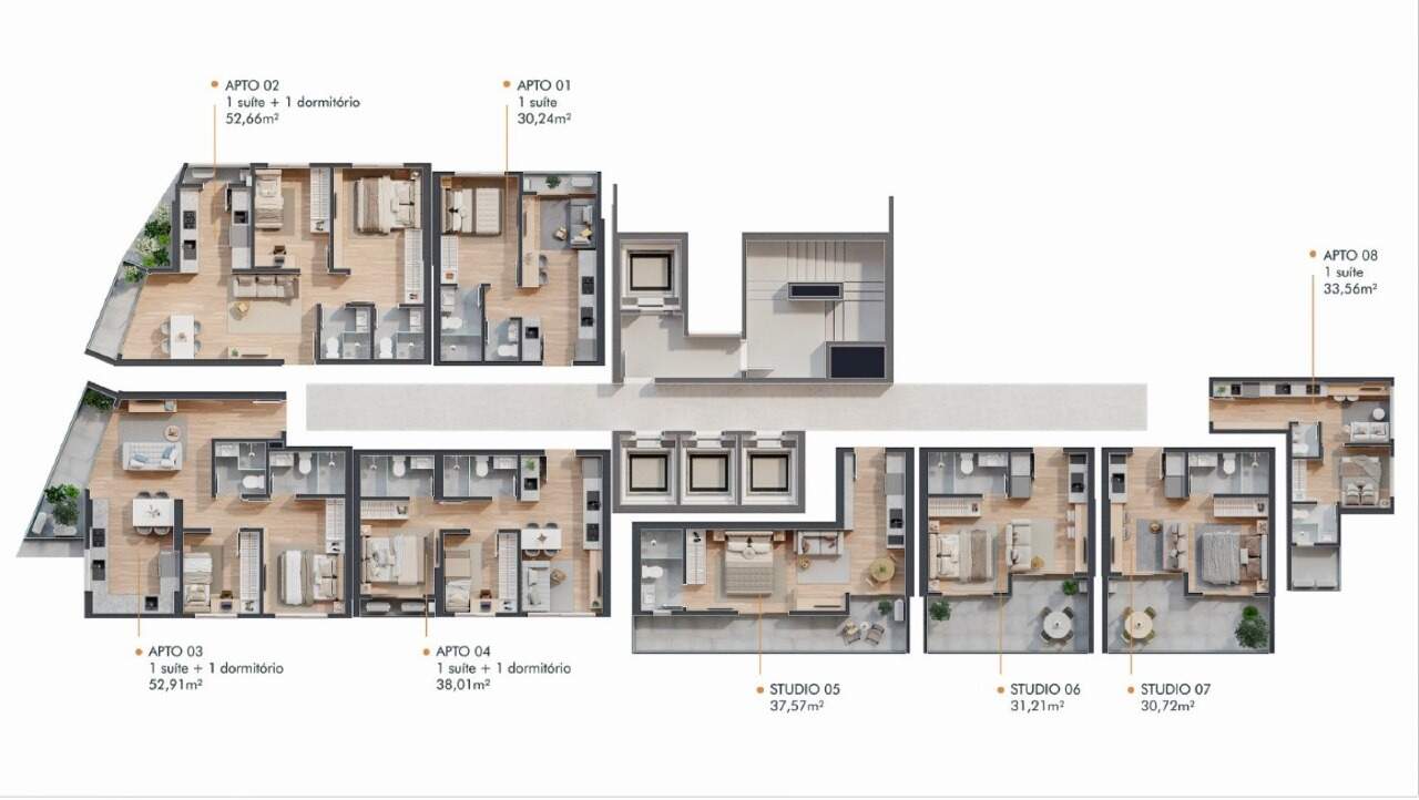 Apartamento diferenciado à venda no Centro: Pavimento dos studios com terraço, com oito apartamentos e a área de cada planta
