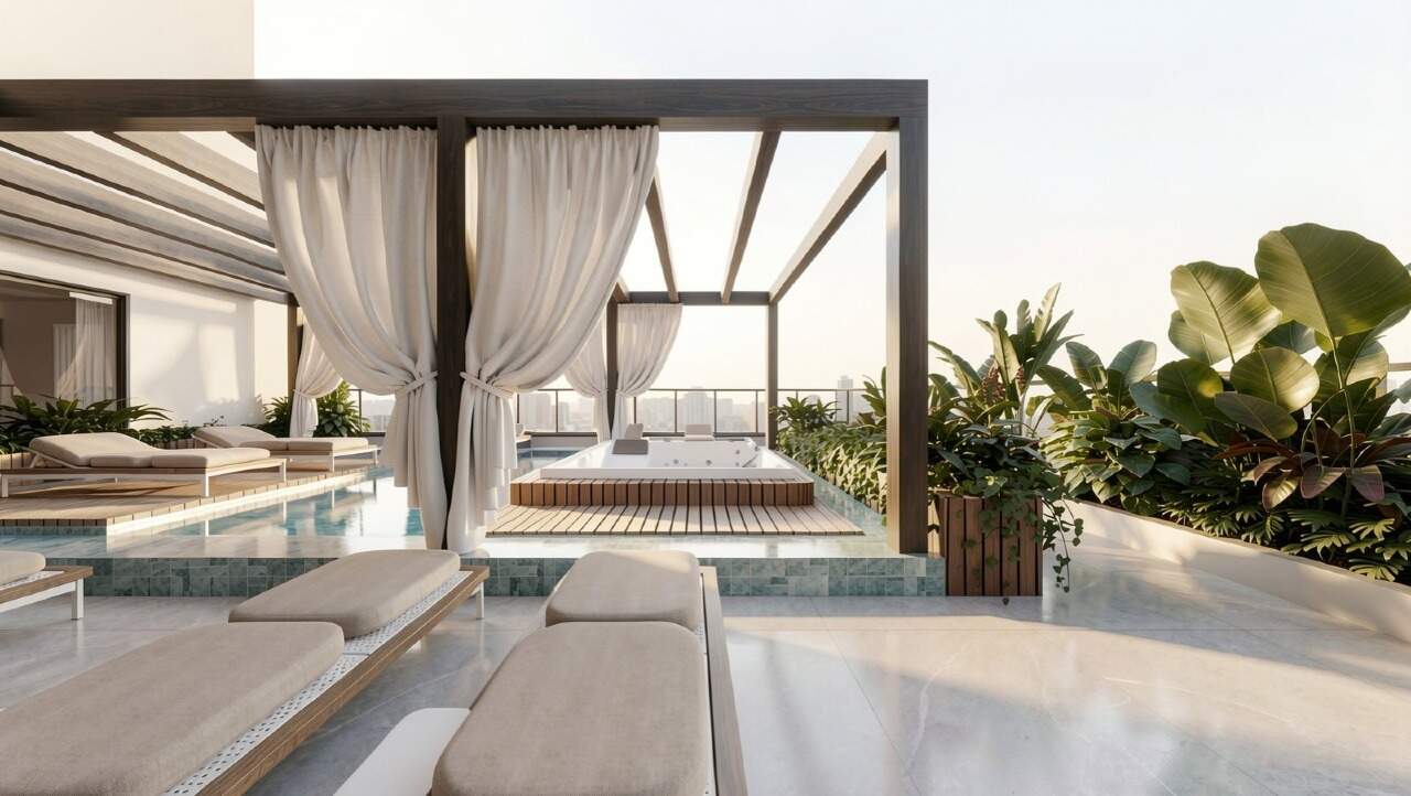 Apartamento diferenciado à venda no Centro: Spa do rooftop, com pergolado, cortinas e espreguiçadeiras (imagem ilustrativa)