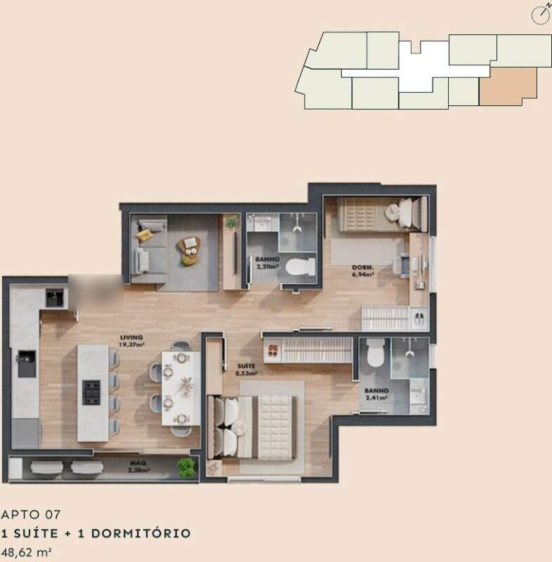 Apartamento à venda no Centro: Planta do apartamento de suíte e dormitório de 48,62 m², com a posição no pavimento