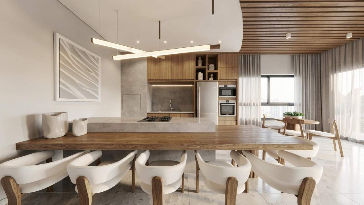 Apartamento à venda no Centro: Gourmet do rooftop com mesa comunitária (imagem ilustrativa)