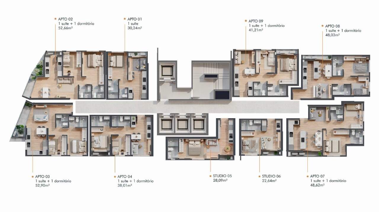 Apartamento à venda no Centro: Pavimento tipo com nove apartamentos por andar e a área de cada planta