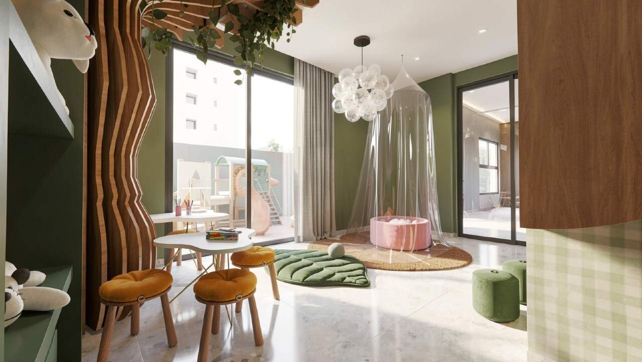 Apartamento à venda no Centro: Brinquedoteca Bosque Encantado, com árvore e mesinhas (imagem ilustrativa)