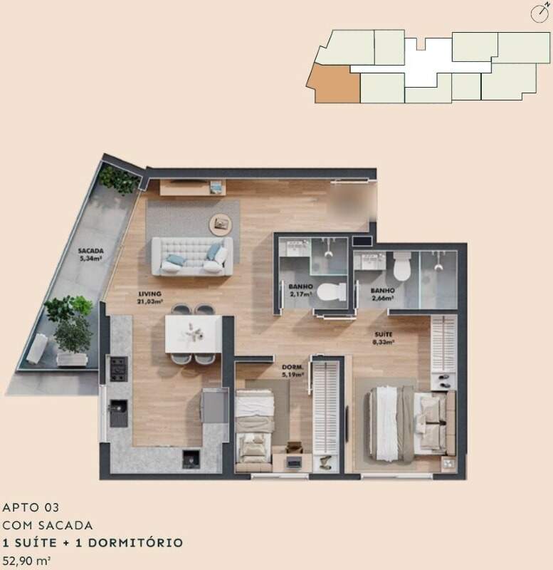 Apartamento à venda no Centro: Planta do apartamento com sacada, suíte e dormitório, de 52,90 m², com a posição no pavimento