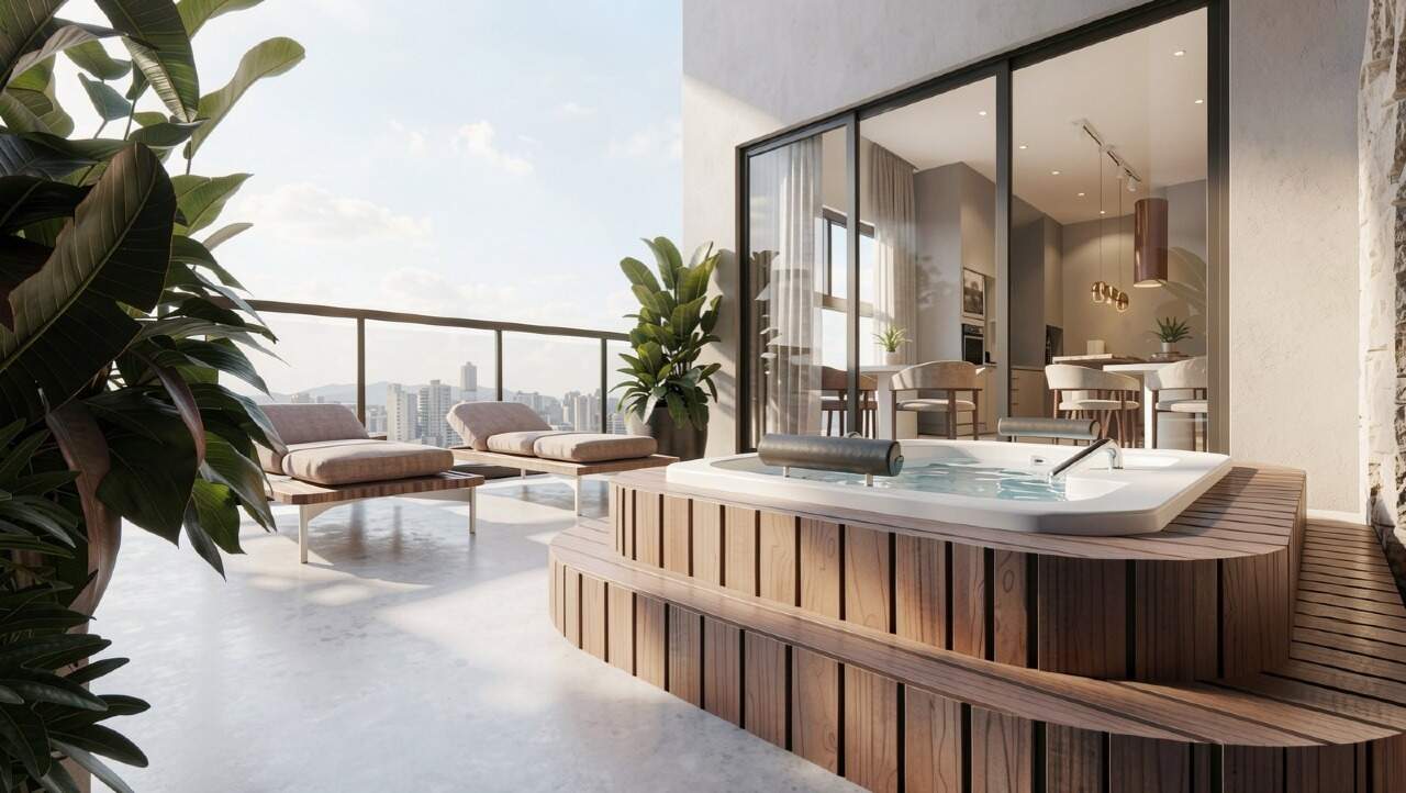 Apartamento à venda no Centro: Spa com hidromassagem no rooftop, com vista da cidade (imagem ilustrativa)