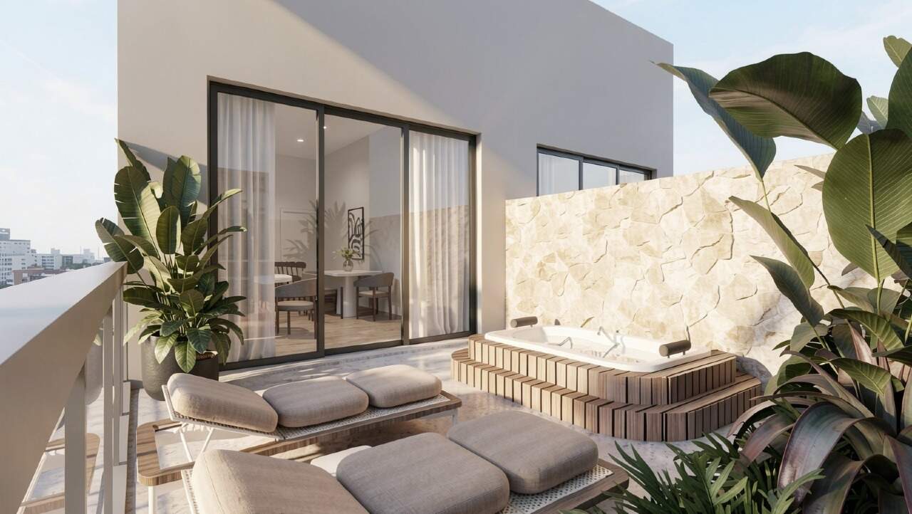 Apartamento diferenciado à venda no Centro: Terraço do rooftop com lounge e spa ao ar livre (imagem ilustrativa)