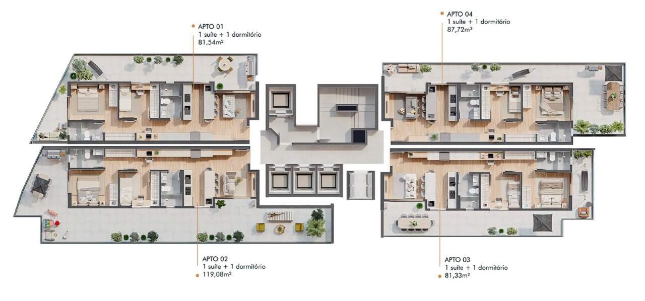 Apartamento diferenciado à venda no Centro: Pavimento dos quatro apartamentos com terraço, com a área de cada um