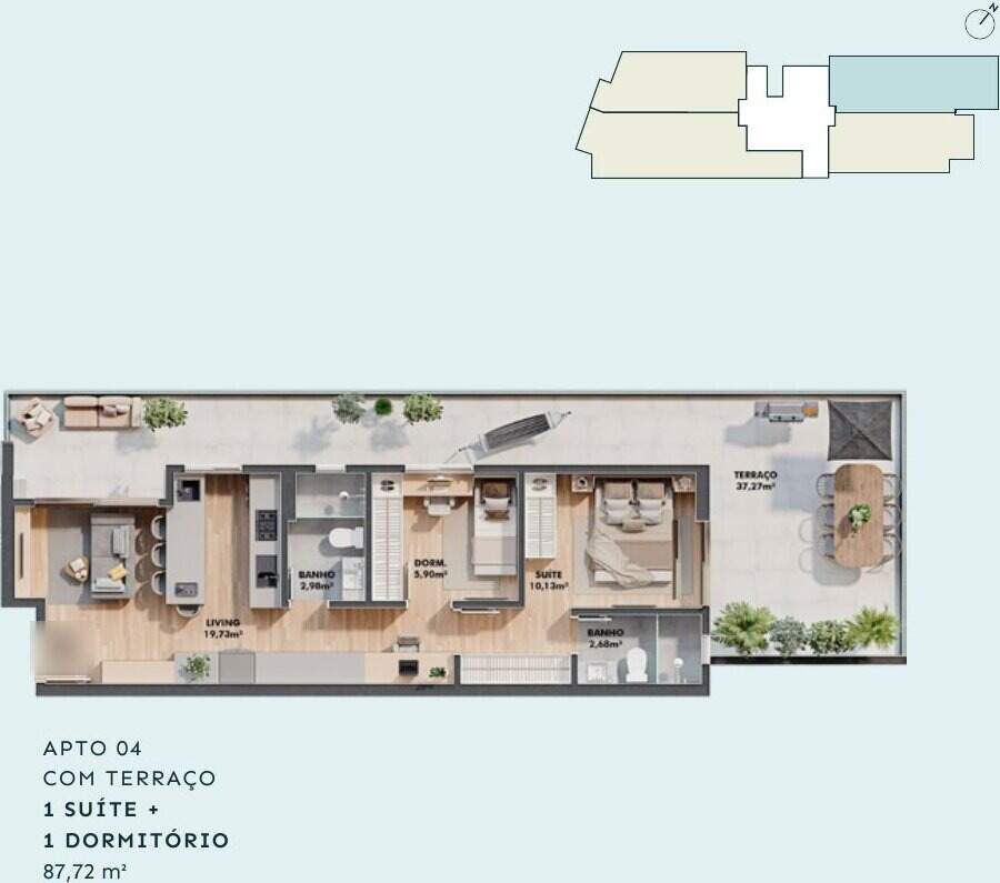 Apartamento diferenciado à venda no Centro: Planta do apartamento com terraço de 87,72 m², com a posição no pavimento