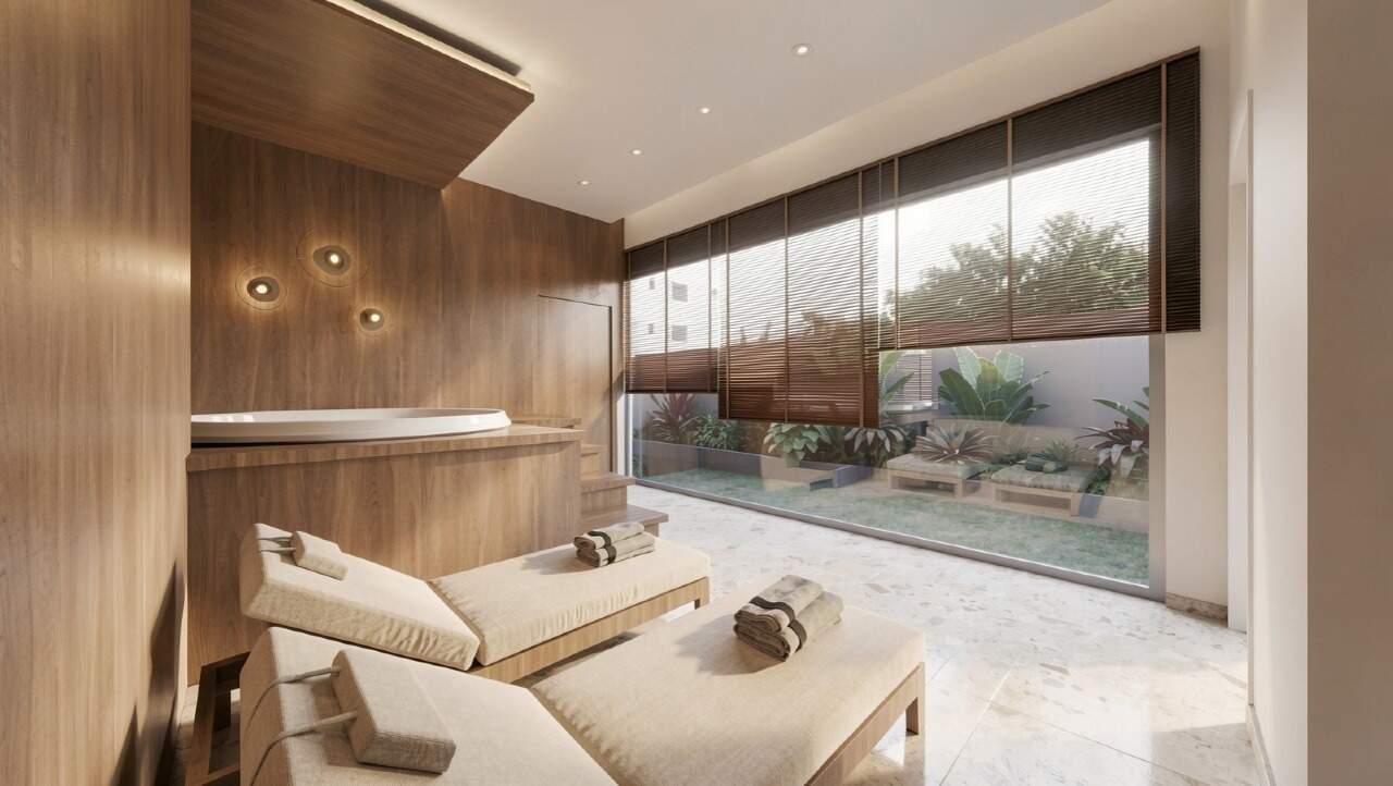 Apartamento diferenciado à venda no Centro: Spa com banheira e janela para o jardim (imagem ilustrativa)