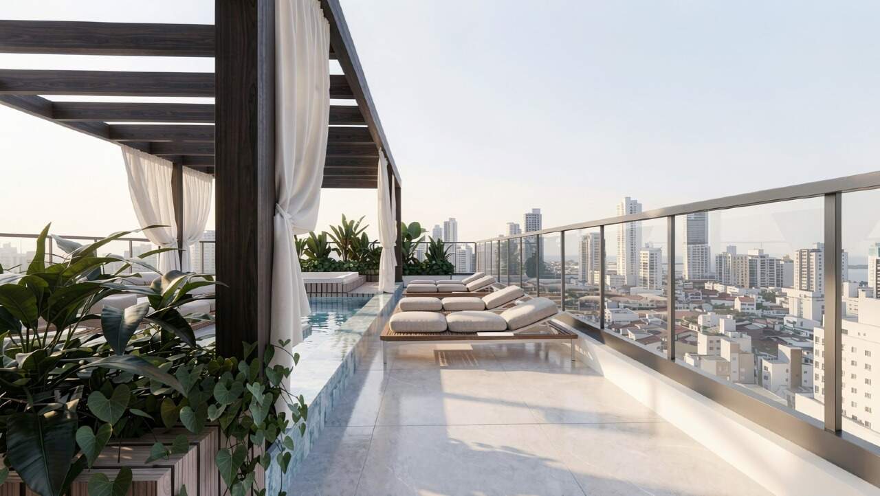 Apartamento diferenciado à venda no Centro: Deck do rooftop com espreguiçadeiras e vista da cidade (imagem ilustrativa)