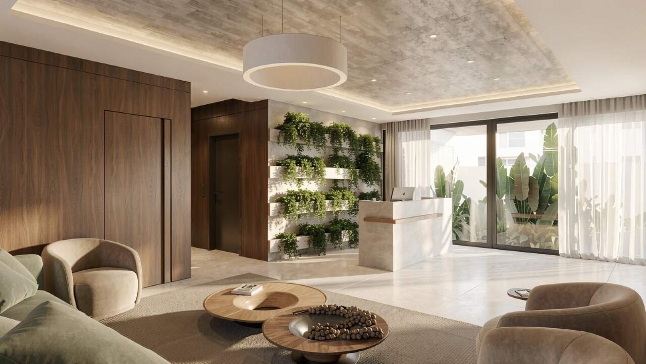 Apartamento diferenciado à venda no Centro: Hall de entrada com jardim vertical e recepção (imagem ilustrativa)