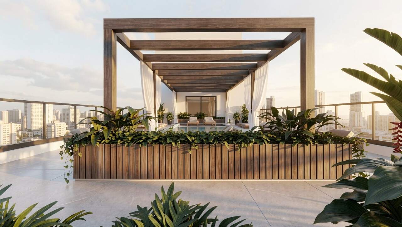 Apartamento diferenciado à venda no Centro: Pergolado com jardim no rooftop do Bothanic (imagem ilustrativa)