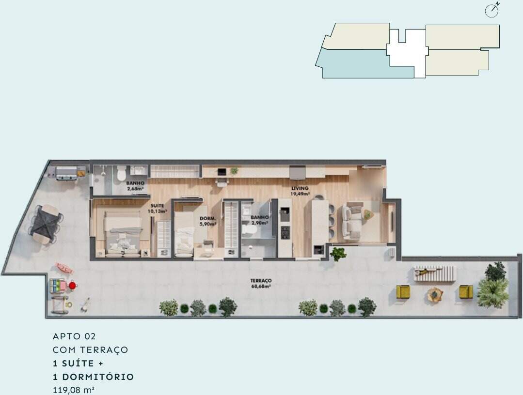 Apartamento diferenciado à venda no Centro: Planta do apartamento com terraço de 119,08 m², com a posição no pavimento