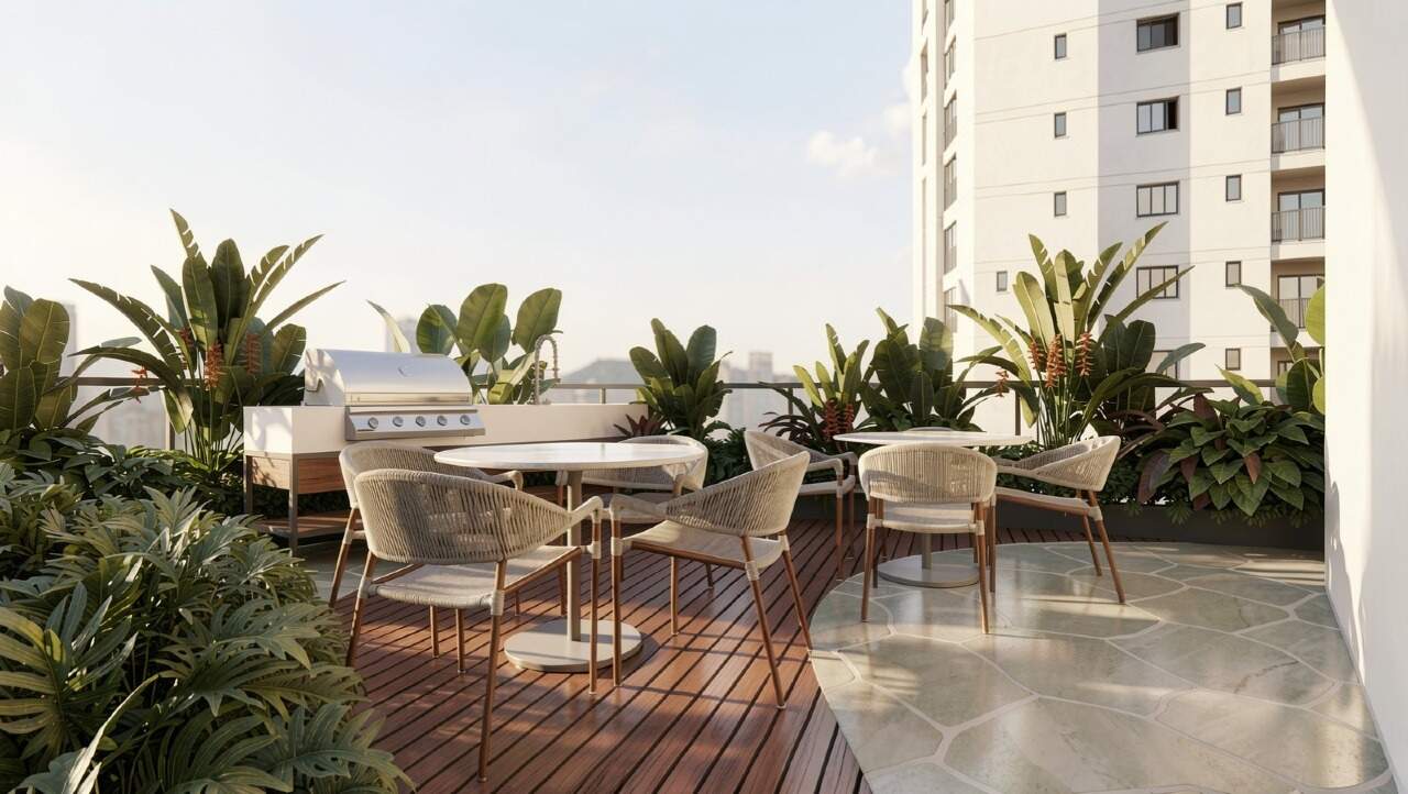 Apartamento diferenciado à venda no Centro: Terraço com churrasqueira no pavimento de lazer (imagem ilustrativa)