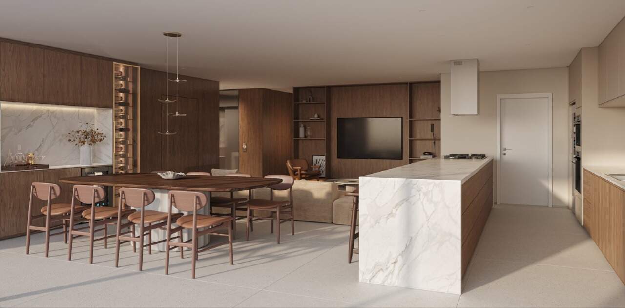 Apartamento à venda no Praia Brava: Living com cozinha de ilha do Tipo 3, mesma planta na Torre Norte (imagem ilustrativa)