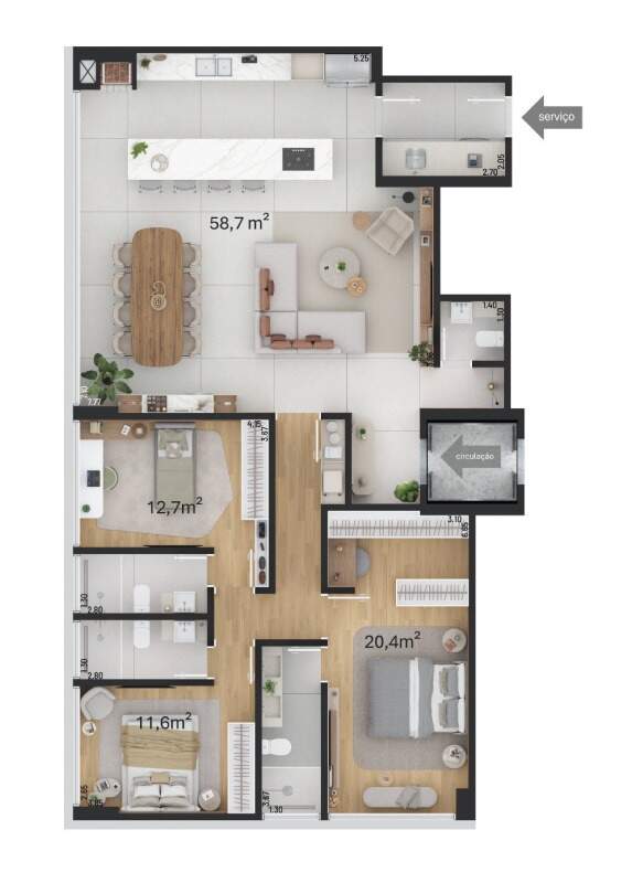 Apartamento à venda no Praia Brava: Planta do Tipo 3 da Torre Leste, 147,45 m² com 3 suítes (planta ilustrativa)