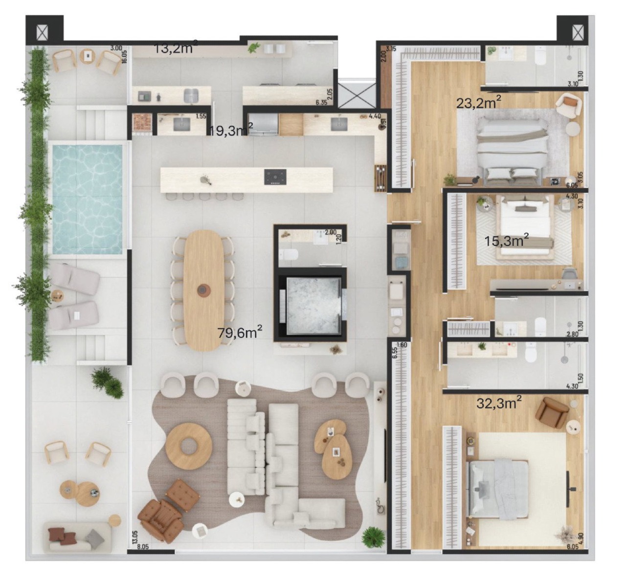 Cobertura à venda no Praia Brava: Planta da Cobertura 3 da Torre Leste, 277,49 m² com 3 suítes (planta ilustrativa)