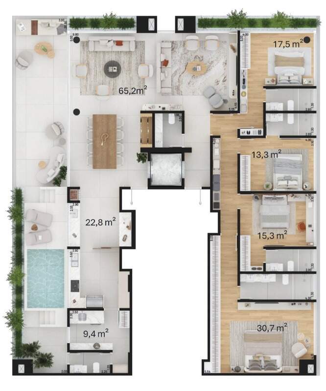 Cobertura à venda no Praia Brava: Planta da Cobertura 1 da Torre Leste, 314,04 m² com 4 suítes (planta ilustrativa)