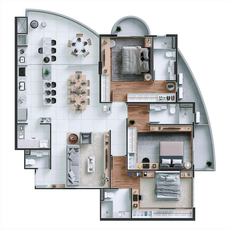 Apartamento à venda no Praia Brava: Planta de referência de 3 suítes na torre Ipê, final 01 com 150,68 m² (imagem ilustrativa)