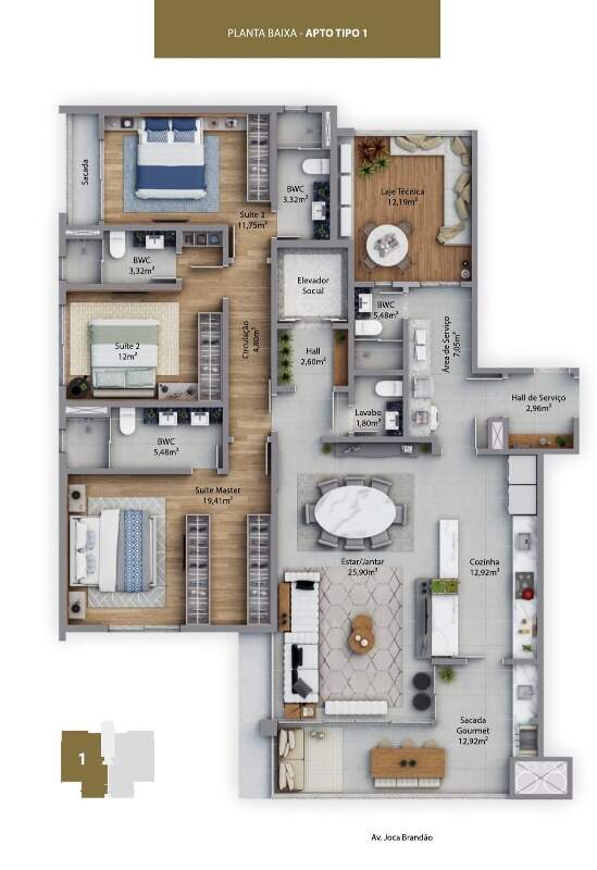 Apartamento à venda no Fazenda: Planta tipo 1: 148 m² com 3 suítes, lavabo e sacada gourmet