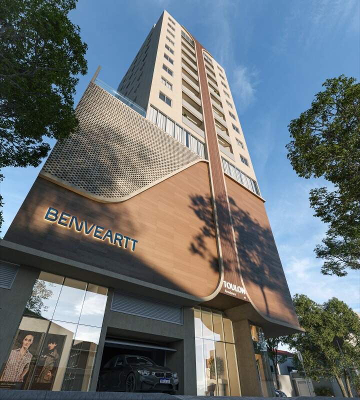 Apartamento à venda no Centro: Fachada do Toulon Residence com o letreiro da Benveartt no embasamento (imagem ilustrativa)