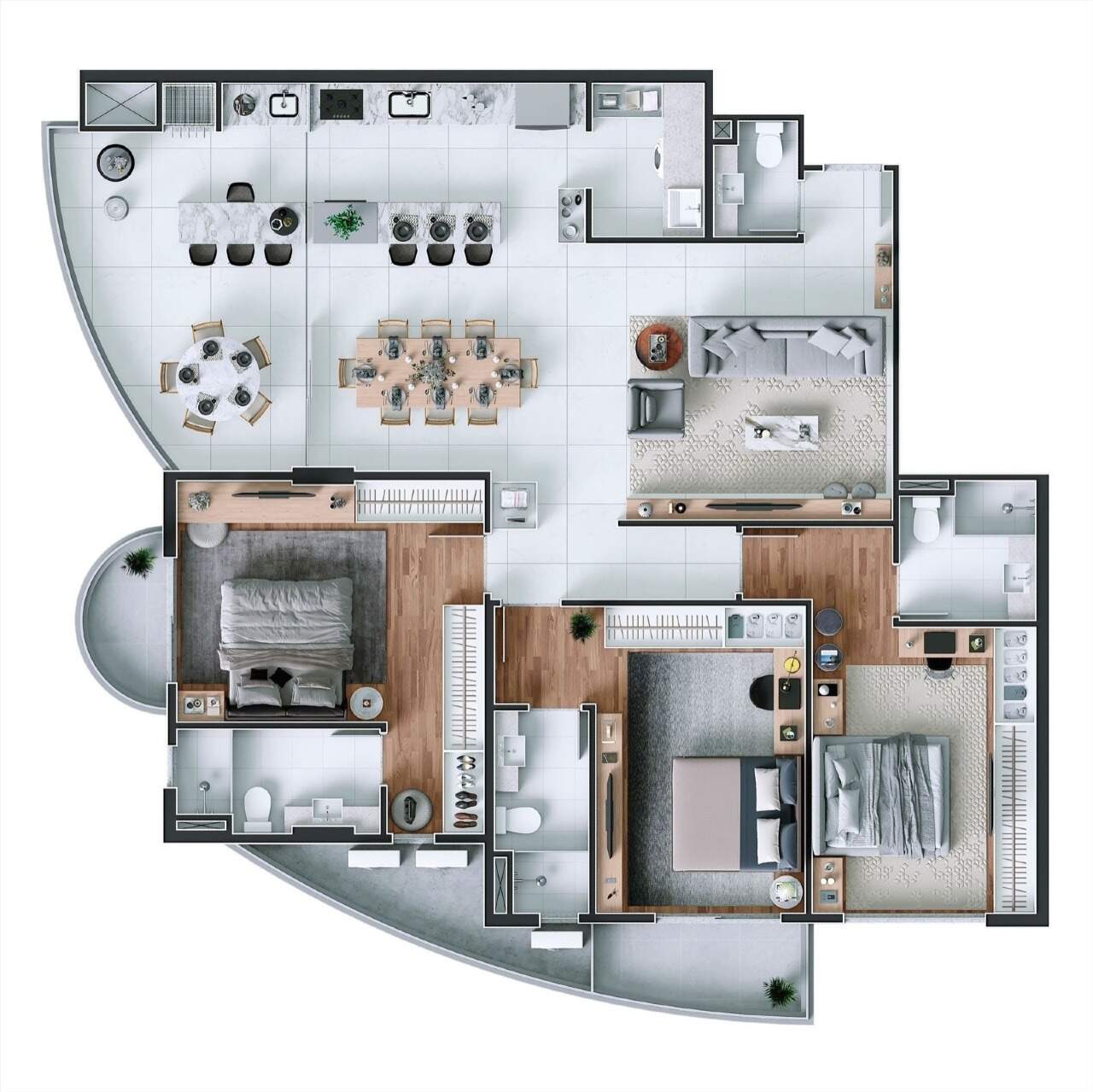Apartamento à venda no Praia Brava: Planta do final 02 da Torre Ipê, com 150 m² e 3 suítes (imagem ilustrativa)