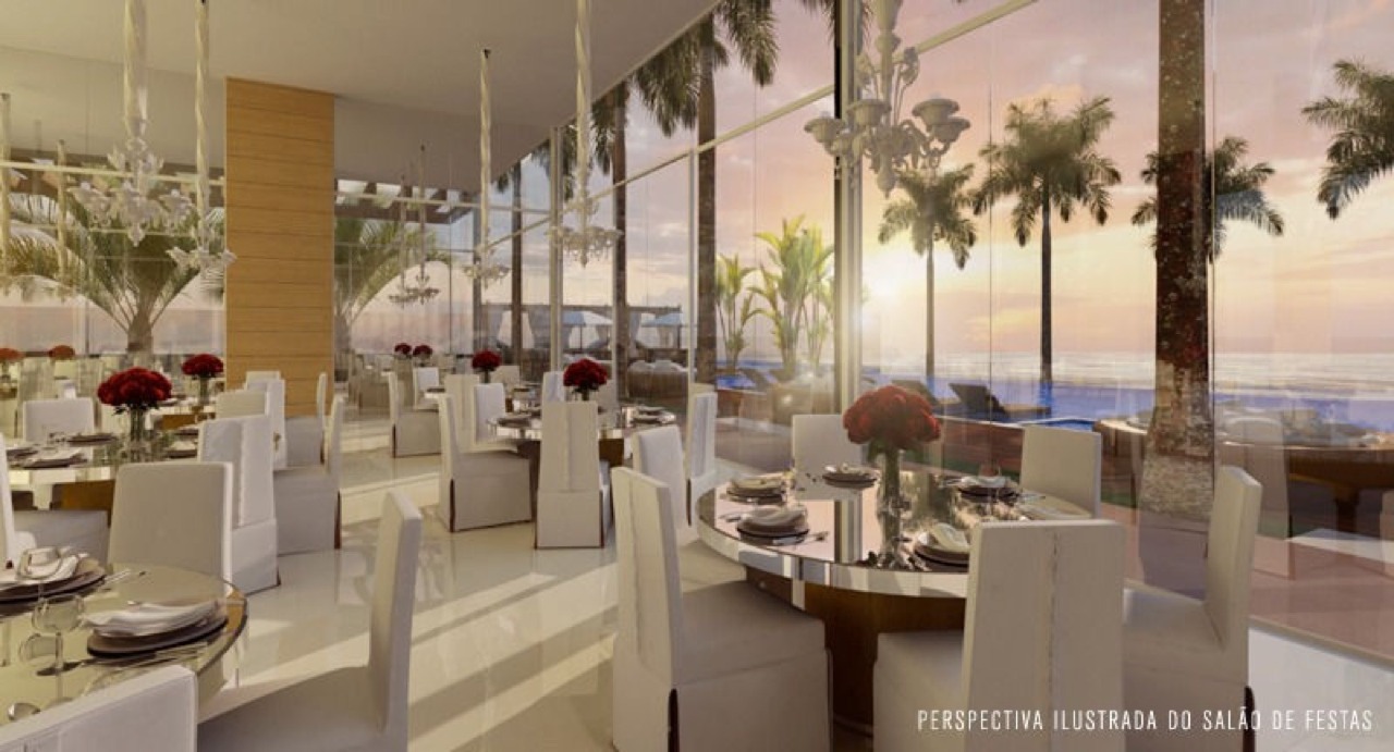 Apartamento à venda no Praia Brava: Salão de festas com mesas postas e janelas amplas (imagem ilustrativa)