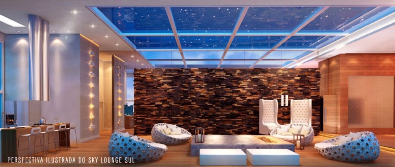 Apartamento à venda no Praia Brava: Sky lounge com teto iluminado e parede de pedra (imagem ilustrativa)
