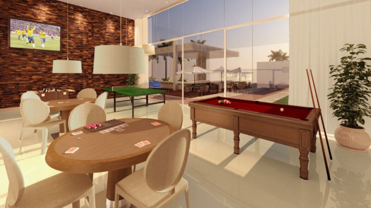 Apartamento à venda no Praia Brava: Sala de jogos com mesa de sinuca e mesas de carteado (imagem ilustrativa)