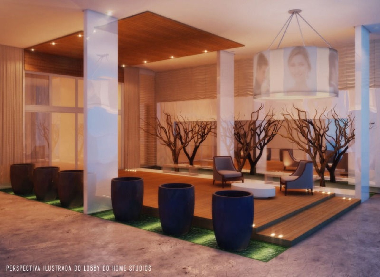 Apartamento à venda no Praia Brava: Lobby do Home Studios com painéis de madeira (imagem ilustrativa)