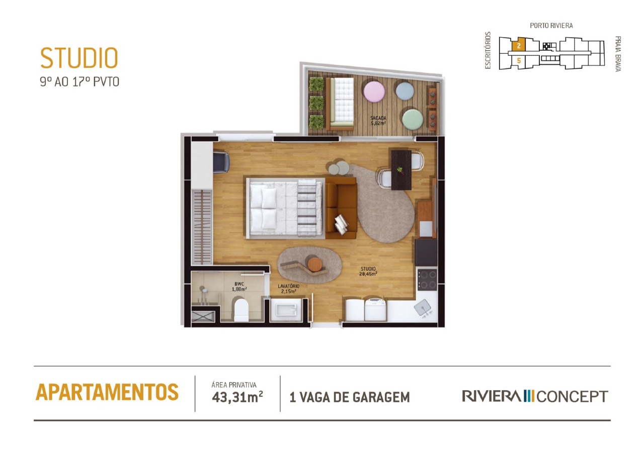 Apartamento à venda no Praia Brava: Planta de studio do Riviera Concept com sacada e banheiro (imagem ilustrativa)