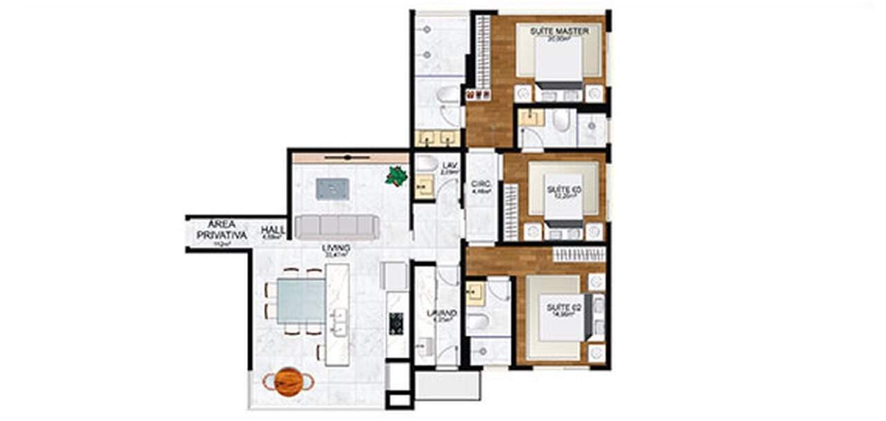 Apartamento à venda no Praia Brava: Planta de referência do tipo 3, 109,75 m²; nesta planta são 2 suítes e 1 dormitório