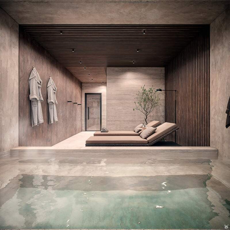 Apartamento à venda no Fazenda: Spa com área de água e espreguiçadeiras (imagem ilustrativa)
