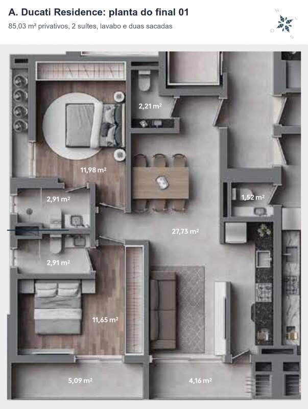 Apartamento à venda no Fazenda: Planta do final 01: 85,03 m² com 2 suítes, lavabo e duas sacadas