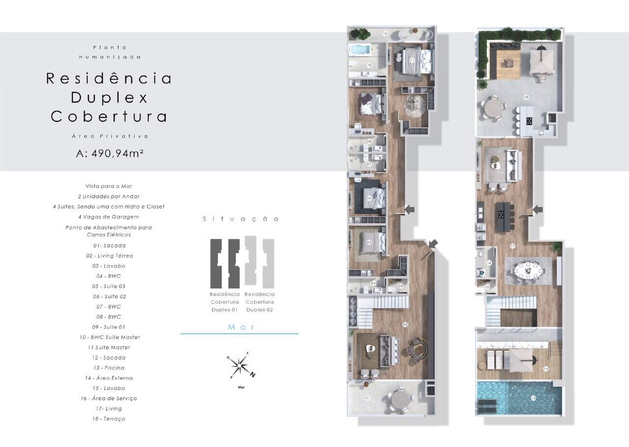 Cobertura à venda no Cabeçudas: Planta dos dois pavimentos da cobertura duplex de aproximadamente 490,95 m²