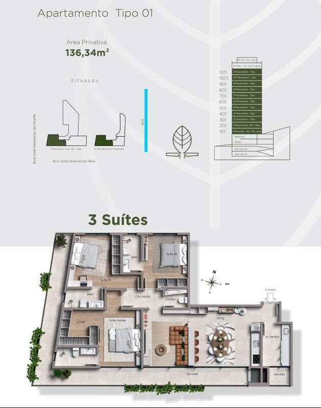 Apartamento diferenciado à venda no Cabeçudas: Planta tipo 01 de 136,34 m² (imagem ilustrativa)