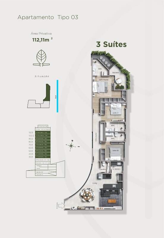 Apartamento à venda no Cabeçudas: Planta tipo 03 de 112,11 m² (imagem ilustrativa)