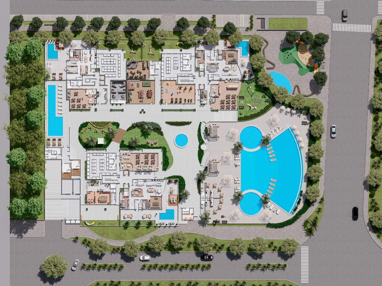 Apartamento diferenciado à venda no Praia Brava: Implantação geral do Reserva Figueira, com as três torres e o lazer (imagem ilustrativa)