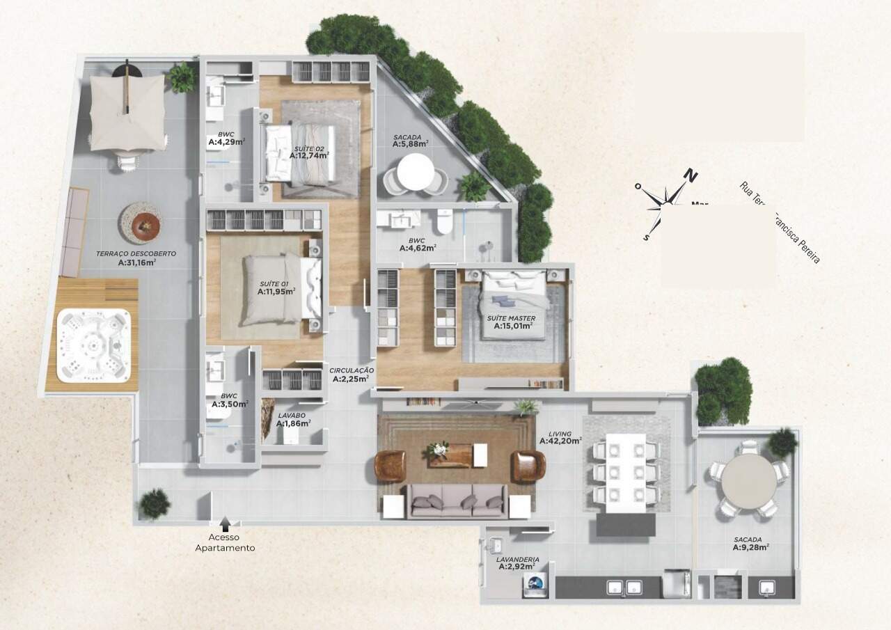 Apartamento diferenciado à venda no Cabeçudas: Planta de 168,62 m² com 3 suítes, terraço descoberto com hidromassagem e duas sacadas