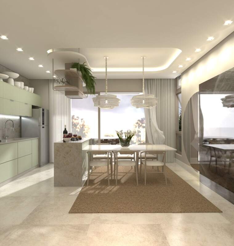 Apartamento diferenciado à venda no Cabeçudas: Cozinha e jantar integrados ao living (imagem ilustrativa)