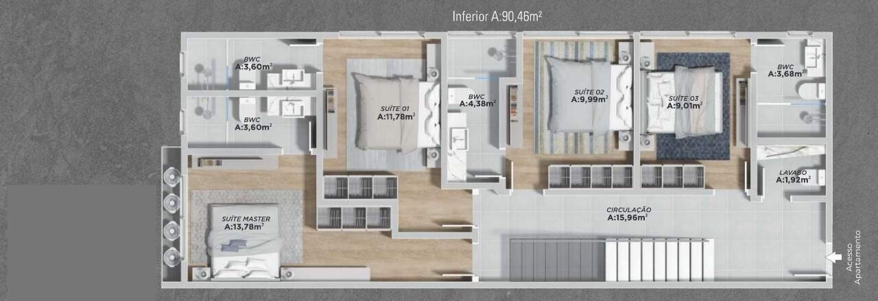 Cobertura à venda no Cabeçudas: Planta do pavimento inferior da cobertura de 180,92 m², com 4 suítes