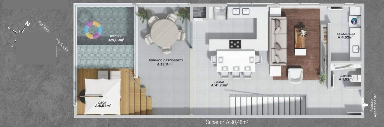 Cobertura à venda no Cabeçudas: Planta do pavimento superior: living, terraço de 15,11 m², deck e piscina