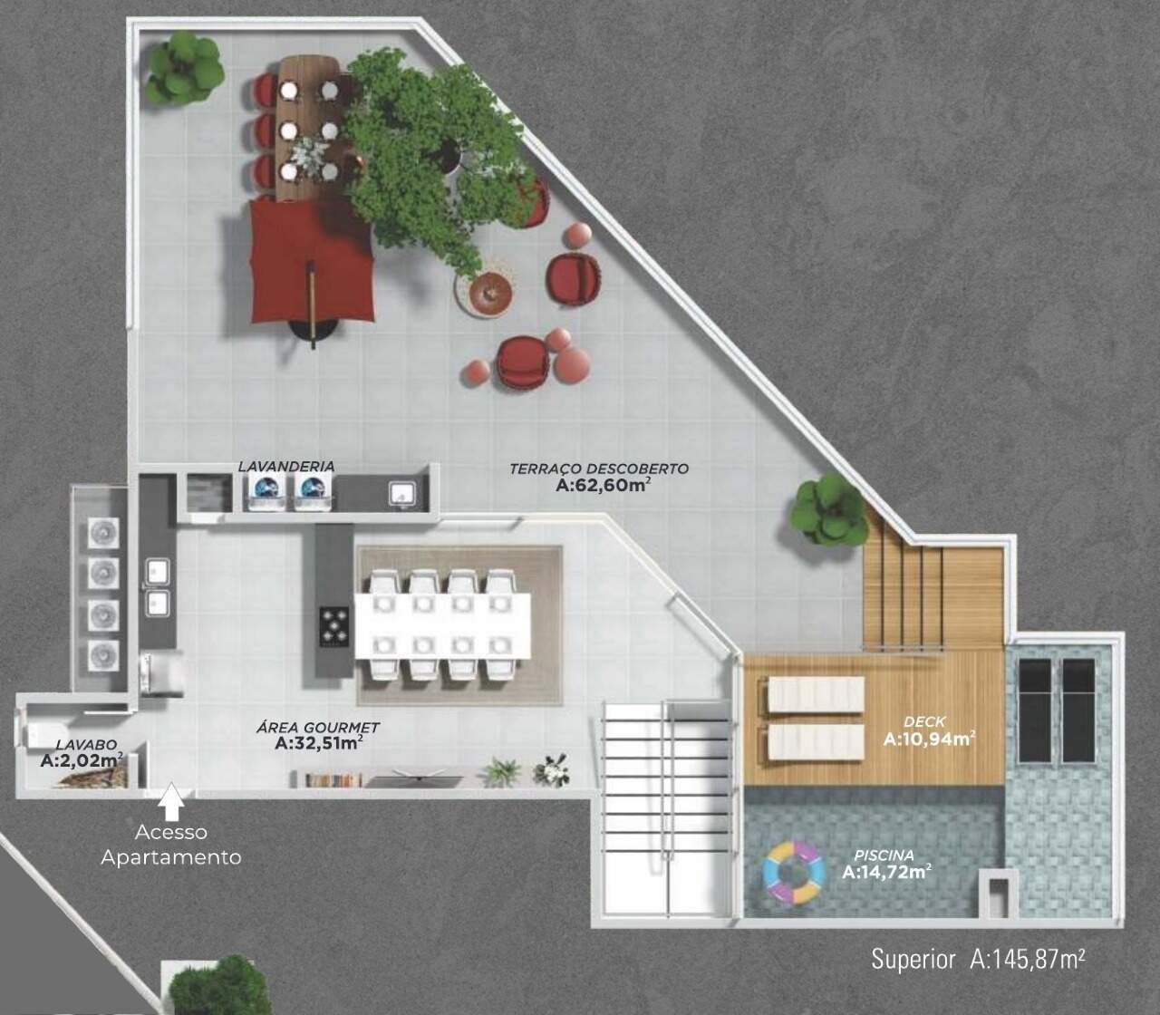 Cobertura à venda no Cabeçudas: Planta do pavimento superior: área gourmet, terraço de 62,60 m², deck e piscina